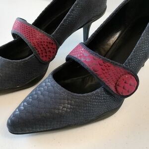 LOGO Leather snake MaryJane kitten heel navy shoe wine strap Office
